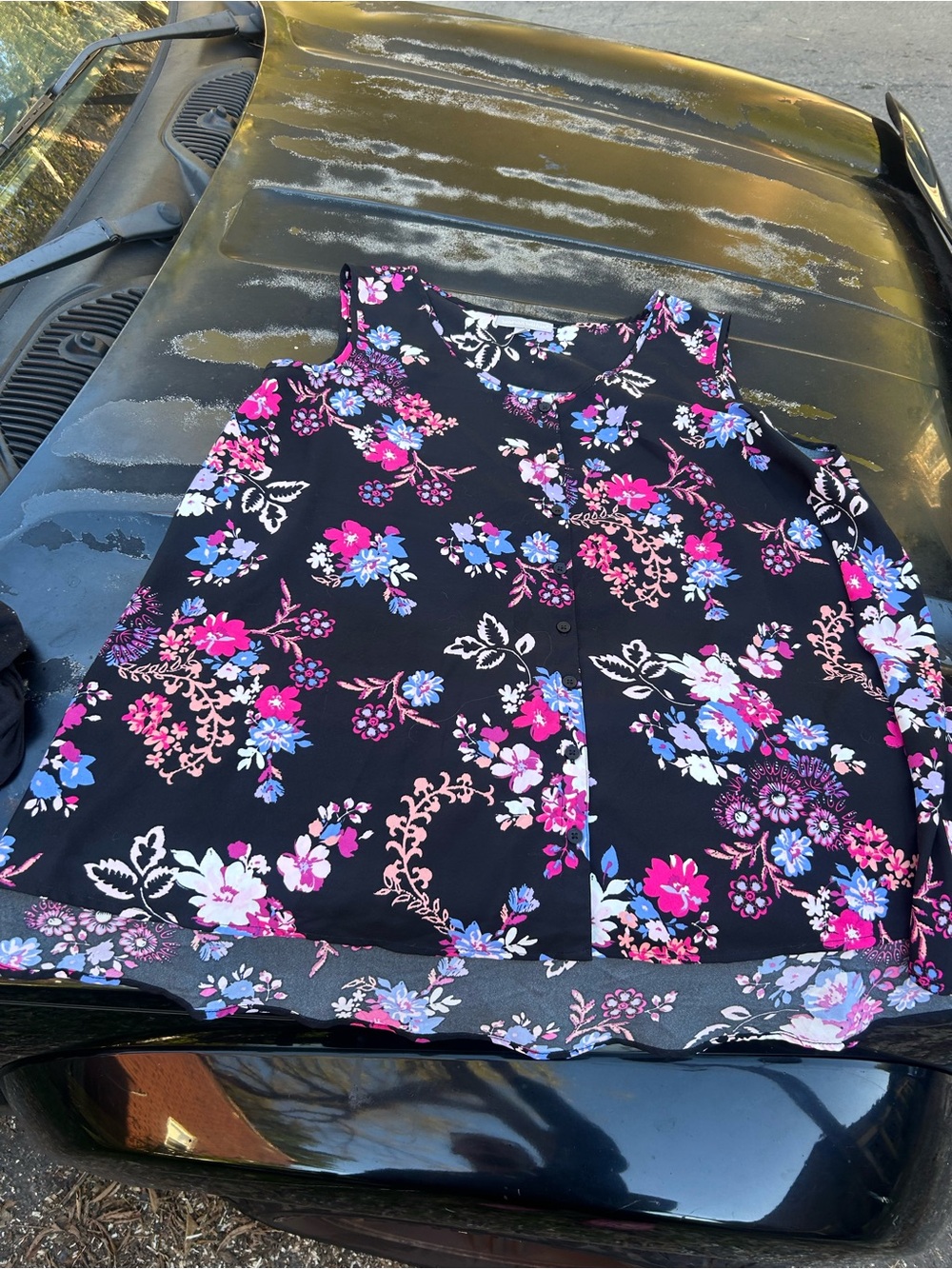 Black Floral Tank - Pink & Blue Flowers